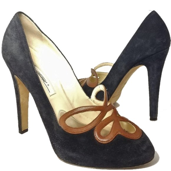Brian Atwood Shoes - Brian Atwood Navy Suede Cutout Pumps Sz 37.5 7.5